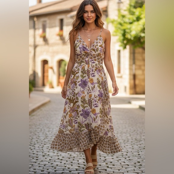 Angie Dresses & Skirts - Angie Midi Dress Sz L Fits S/M Boho Romantic Sexy Floral Hi Low Ruffled